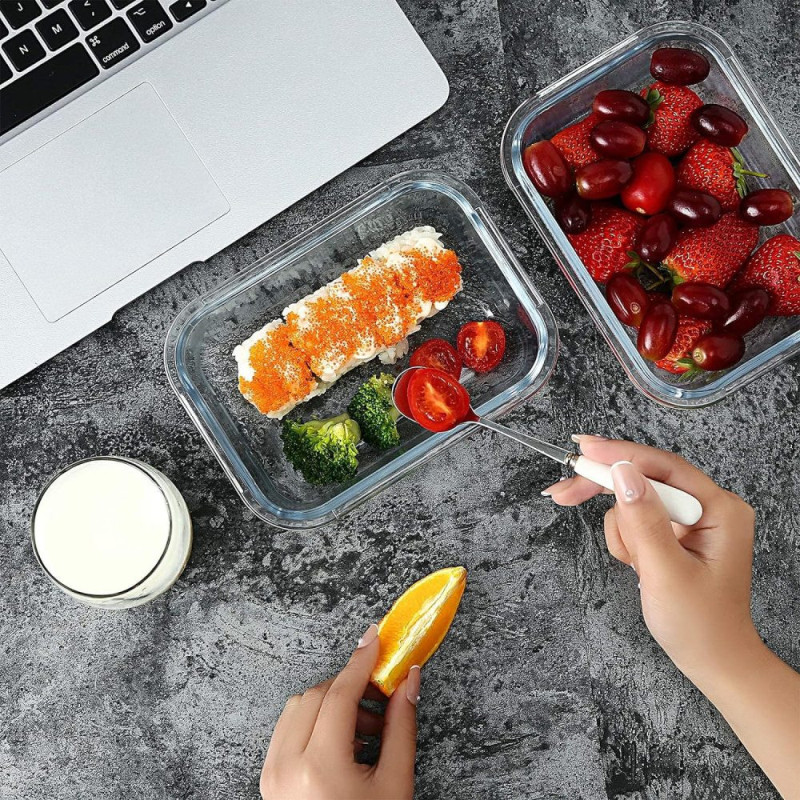 Pojemniki szklane prostokątne lunchbox GierekHoff Corio GH 1114 zestaw 4 sztuki żaroodporne hermetyczne 1050/640/370/200 ml