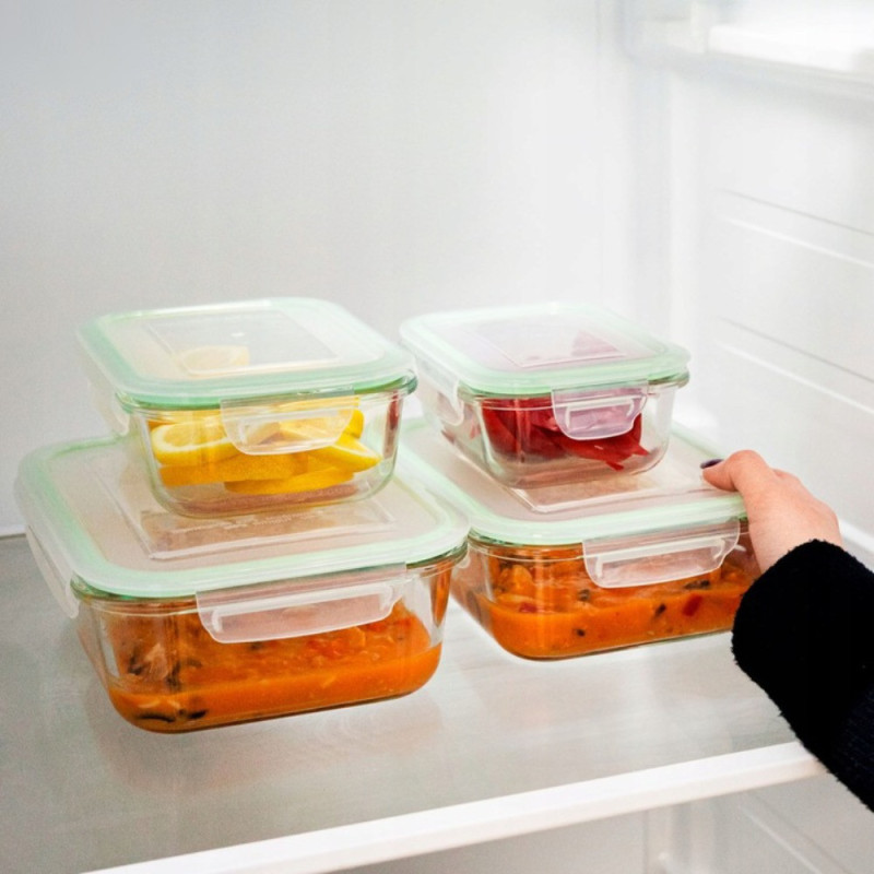 Pojemniki szklane prostokątne lunchbox GierekHoff Corio GH 1114 zestaw 4 sztuki żaroodporne hermetyczne 1050/640/370/200 ml