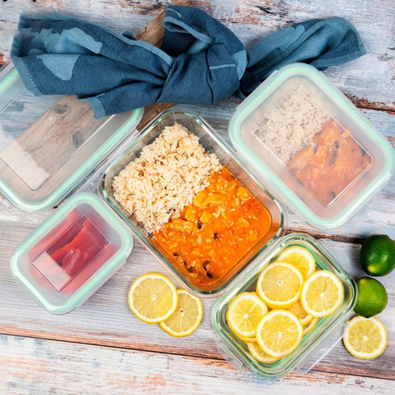 Pojemniki szklane prostokątne lunchbox GierekHoff Corio GH 1114 zestaw 4 sztuki żaroodporne hermetyczne 1050/640/370/200 ml