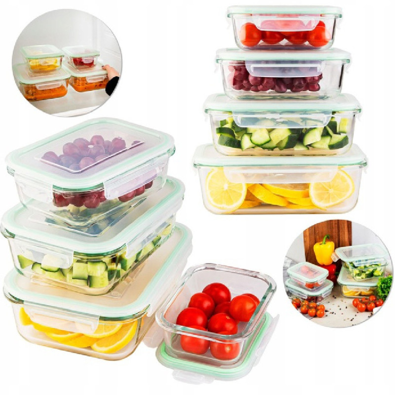 Pojemniki szklane prostokątne lunchbox GierekHoff Corio GH 1114 zestaw 4 sztuki żaroodporne hermetyczne 1050/640/370/200 ml