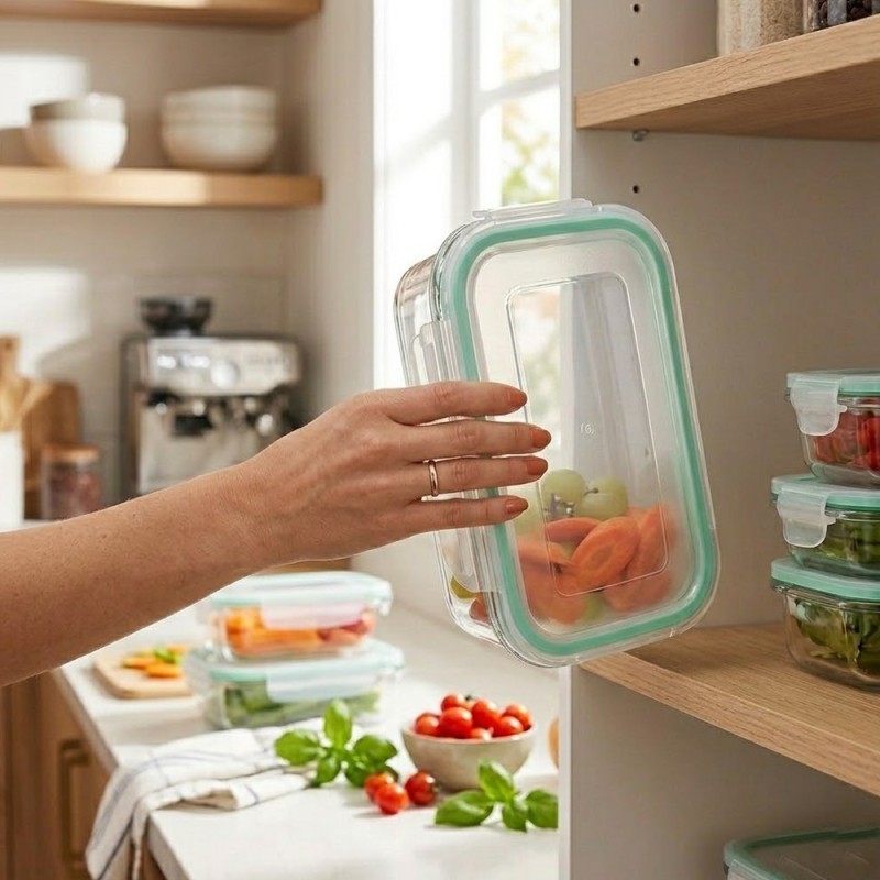 Pojemniki szklane prostokątne lunchbox GierekHoff Corio GH 1114 zestaw 4 sztuki żaroodporne hermetyczne 1050/640/370/200 ml