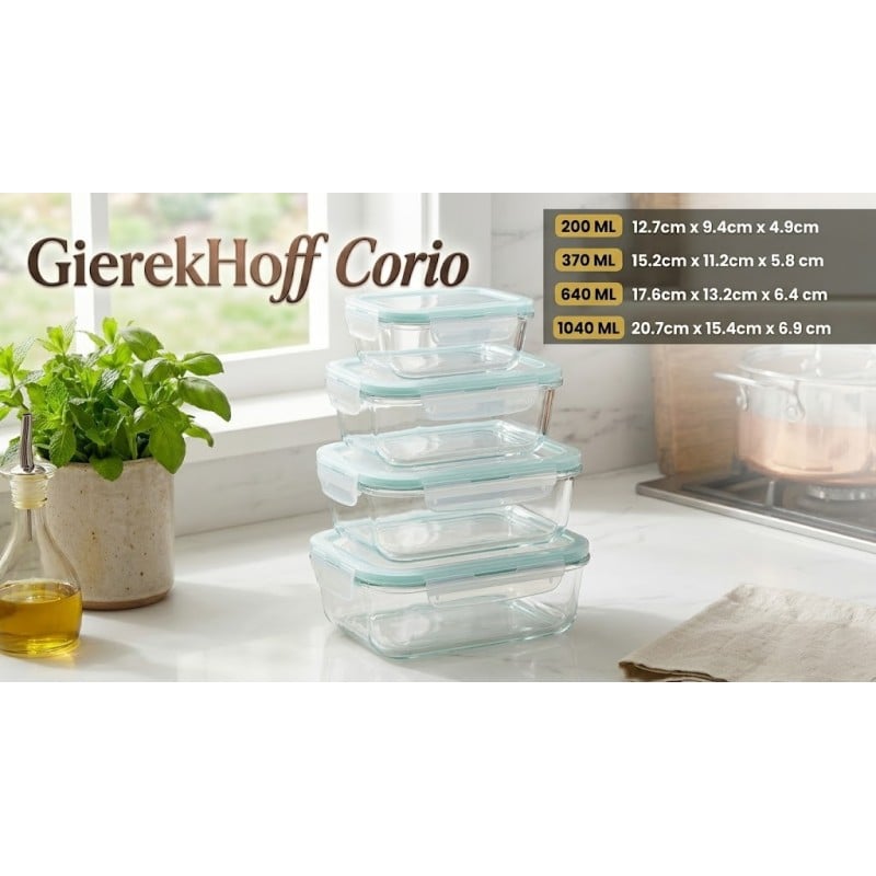 Pojemniki szklane prostokątne lunchbox GierekHoff Corio GH 1114 zestaw 4 sztuki żaroodporne hermetyczne 1050/640/370/200 ml