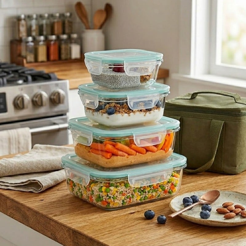Pojemniki szklane kwadratowe lunchbox GierekHoff Corio GH 1115 zestaw 4 sztuki żaroodporne hermetyczne 800/520/320/150 ml
