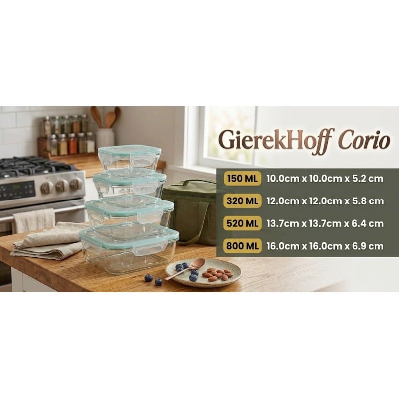 Pojemniki szklane kwadratowe lunchbox GierekHoff Corio GH 1115 zestaw 4 sztuki żaroodporne hermetyczne 800/520/320/150 ml