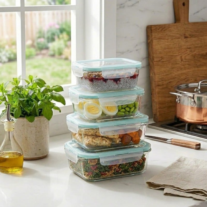 Zestaw 8 pojemników szklanych lunchbox GierekHoff Corio żaroodporne hermetyczne prostokątne kwadratowe GH 1114 1115