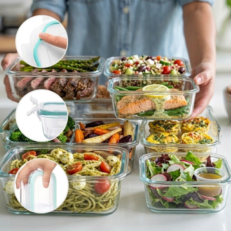 Zestaw 8 pojemników szklanych lunchbox GierekHoff Corio żaroodporne hermetyczne prostokątne kwadratowe GH 1114 1115