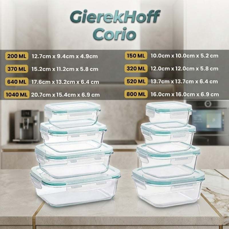 Zestaw 8 pojemników szklanych lunchbox GierekHoff Corio żaroodporne hermetyczne prostokątne kwadratowe GH 1114 1115