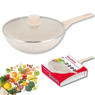 Patelnia WOK 28 cm z pokrywką i powłoką marmurową nieprzywierająca kremowa indukcja gaz Klausberg