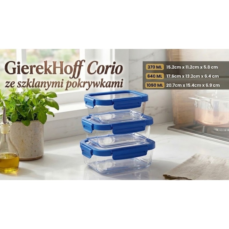 Zestaw 3 pojemników szklanych lunchbox GierekHoff Corio Glass żaroodporne hermetyczne prostokątne GH 1117