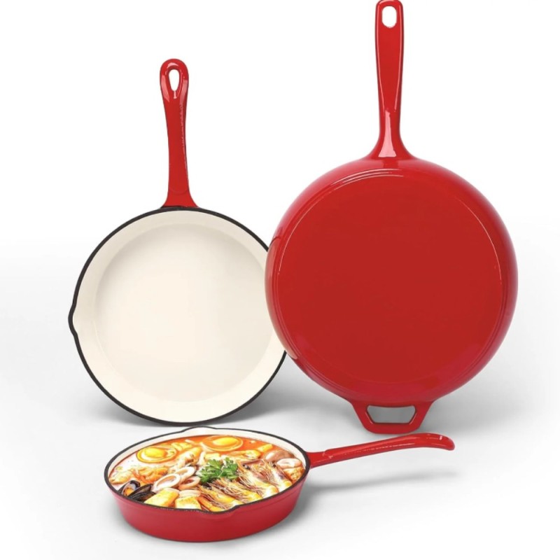 Zestaw 3 patelnie żeliwne emaliowane 20/25/30 cm GierekHoff Żeliwna Tradycja ciężkie głębokie indukcja gaz ognisko grill GH 6002