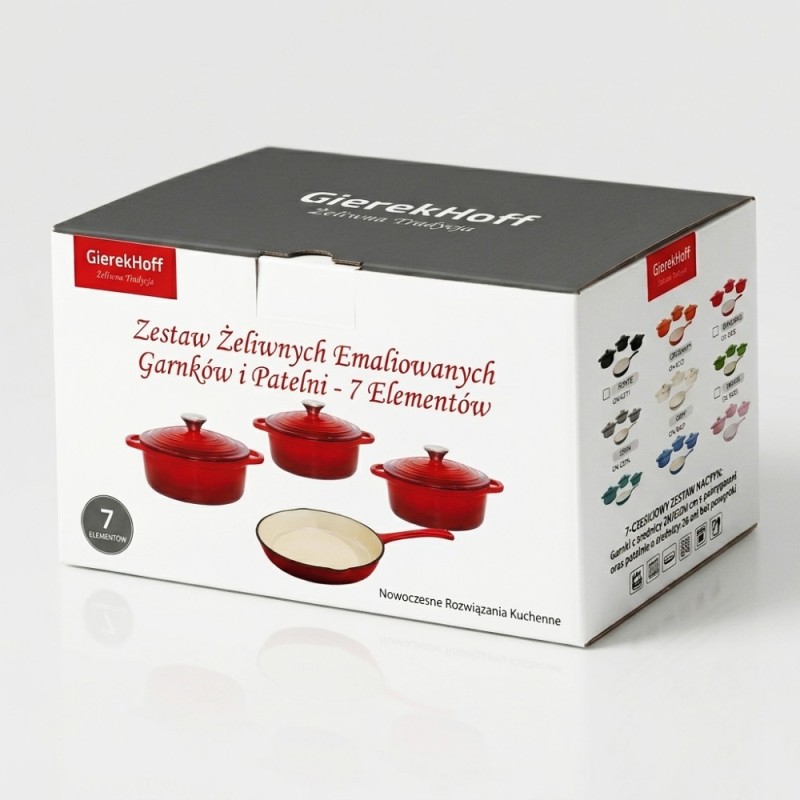 Zestaw garnków 20/22/24 cm i patelnia 25 cm żeliwne emaliowane GierekHoff Żeliwna Tradycja ciężkie szare GH 6021