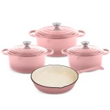 Zestaw garnków 20/22/24 cm i patelnia 25 cm żeliwne emaliowane GierekHoff Żeliwna Tradycja ciężkie różowe GH 6026