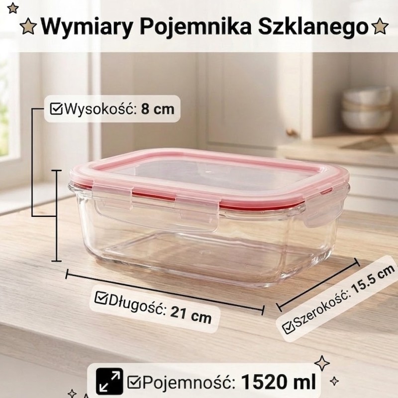 Szklany pojemnik 1520 ml na żywność jedzenie Gierekhoff pudełko z pokrywką lunchbox prostokątny hermetyczny