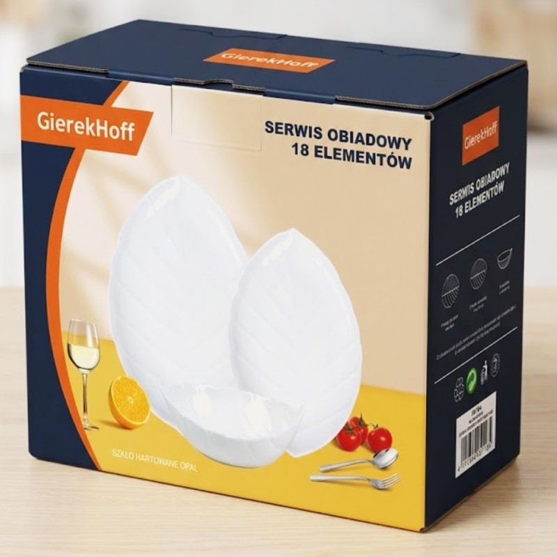 Serwis obiadowy 18 elementów GierekHoff Leaf szklane talerze zestaw talerzy dla 6 osób białe GH 1234