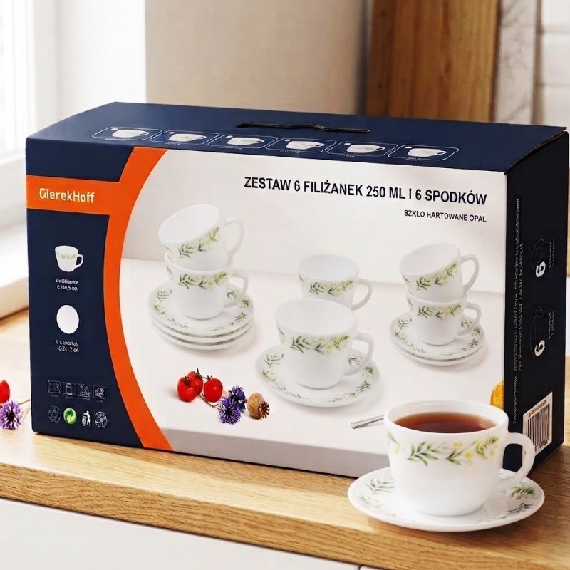 Zestaw 6 filiżanek 200 ml ze spodkami GierekHoff Szept Paproci filiżanki dla 6 osób białe wzór kwiaty GH 1231