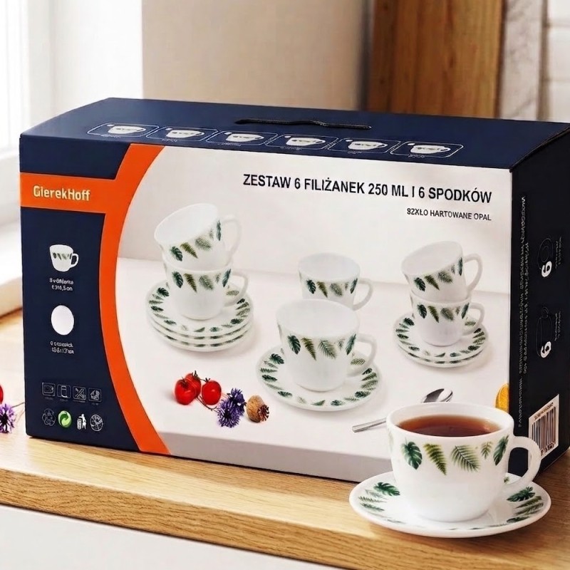 Zestaw 6 filiżanek 200 ml ze spodkami GierekHoff Botanica filiżanki dla 6 osób białe wzór kwiaty GH 1232