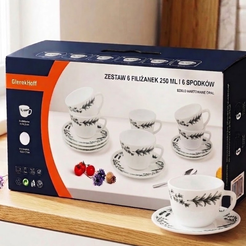 Zestaw 6 filiżanek 200 ml ze spodkami GierekHoff Herbarium filiżanki dla 6 osób białe wzór kwiaty GH 1233
