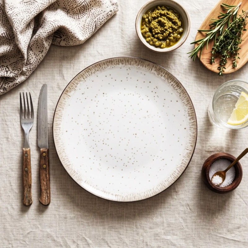Serwis obiadowy porcelana 18 elementów Atom Hello Sand beżowe talerze dla 6 osób nakrapiane