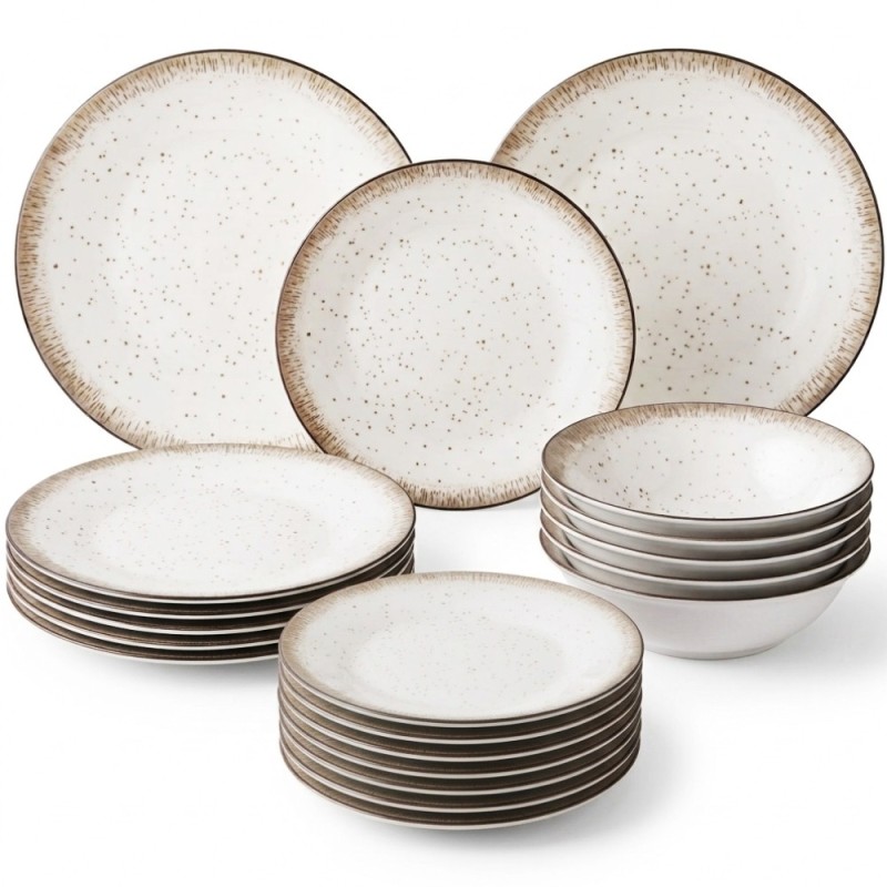 Serwis obiadowy porcelana 24 elementy Atom Hello Sand beżowe talerze kubki dla 6 osób nakrapiane