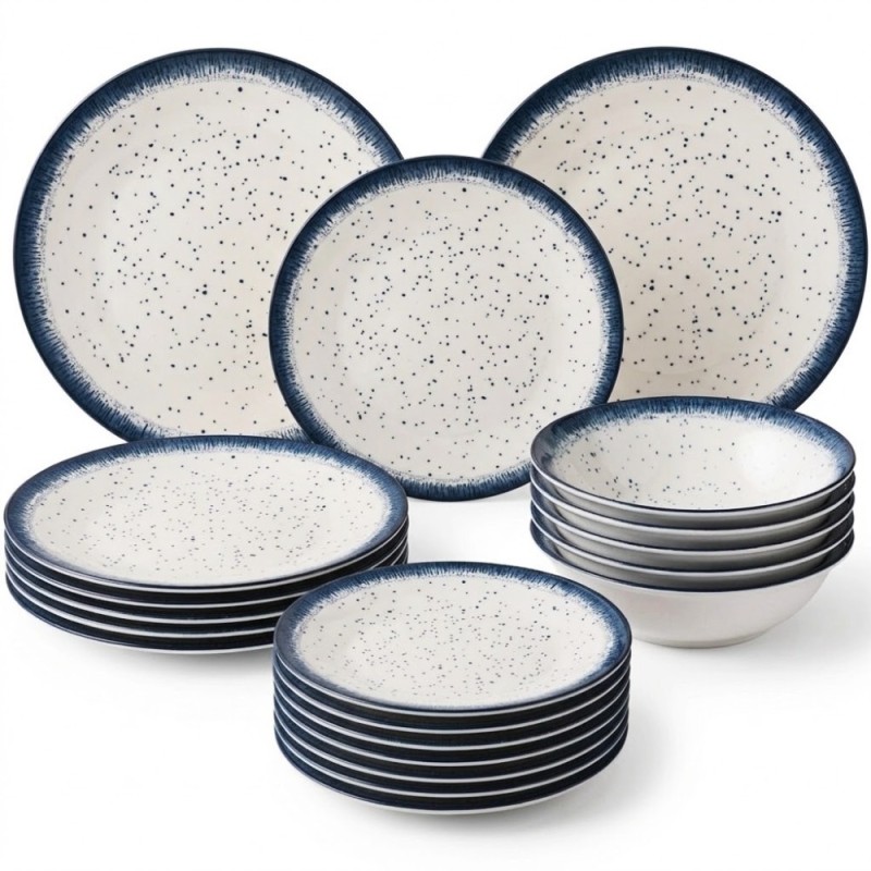 Serwis obiadowy porcelana 18 elementów Atom Hello Blue talerze dla 6 osób granatowe nakrapiane