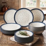 Serwis obiadowy porcelana 18 elementów Atom Hello Blue talerze dla 6 osób granatowe nakrapiane