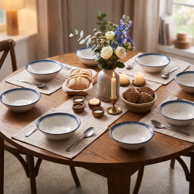 Serwis obiadowy porcelana 18 elementów Atom Hello Blue talerze dla 6 osób granatowe nakrapiane