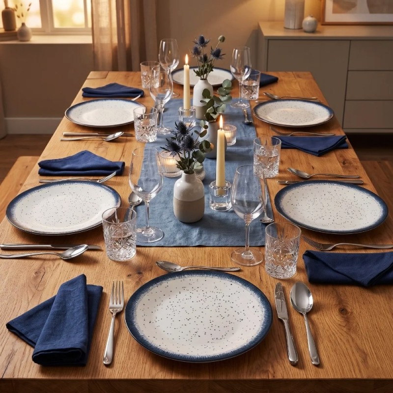 Serwis obiadowy porcelana 18 elementów Atom Hello Blue talerze dla 6 osób granatowe nakrapiane