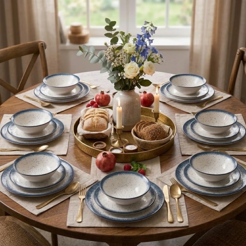 Serwis obiadowy porcelana 18 elementów Atom Hello Blue talerze dla 6 osób granatowe nakrapiane