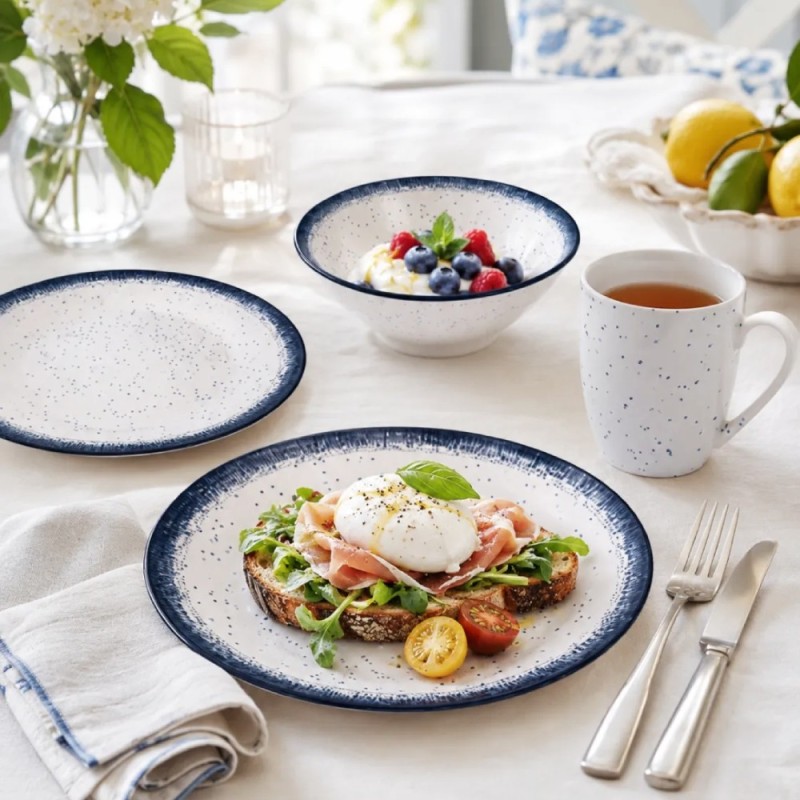 Serwis obiadowy porcelana 24 elementy Atom Hello Blue talerze kubki dla 6 osób granatowe nakrapiane