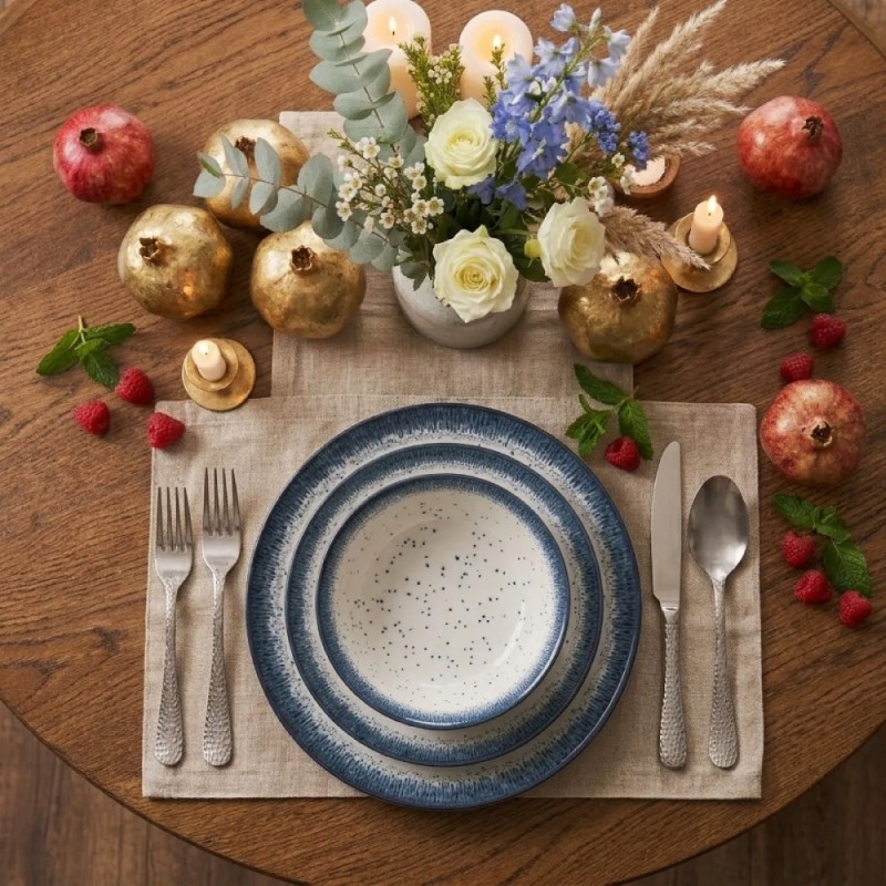 Serwis obiadowy porcelana 24 elementy Atom Hello Blue talerze kubki dla 6 osób granatowe nakrapiane
