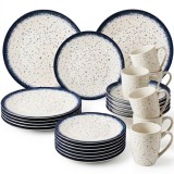 Serwis obiadowy porcelana 24 elementy Atom Hello Blue talerze kubki dla 6 osób granatowe nakrapiane