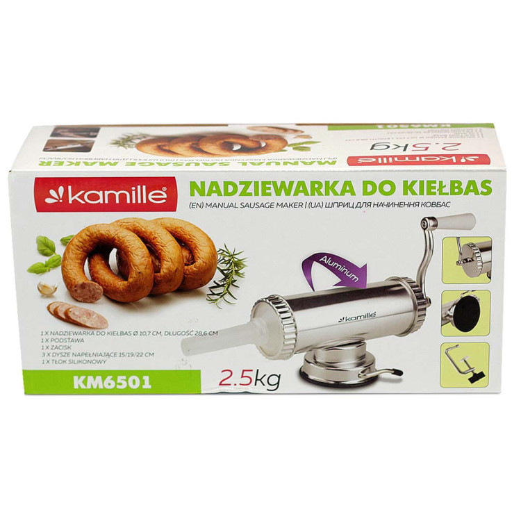 Nadziewarka Kamille KM 6501 maszynka 2,5 kg szpryca kiełbasy tłok x3 rurki Nadziewarka Kamille KM 6501 maszynka 2,5 kg szpryca kiełbasy tłok x3 rurki